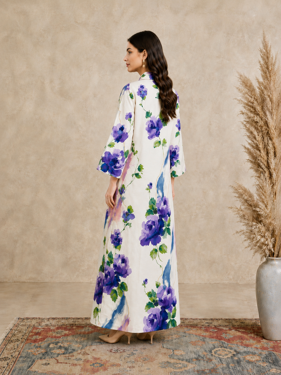 Cream Floral Print Open Collar Jalabiya