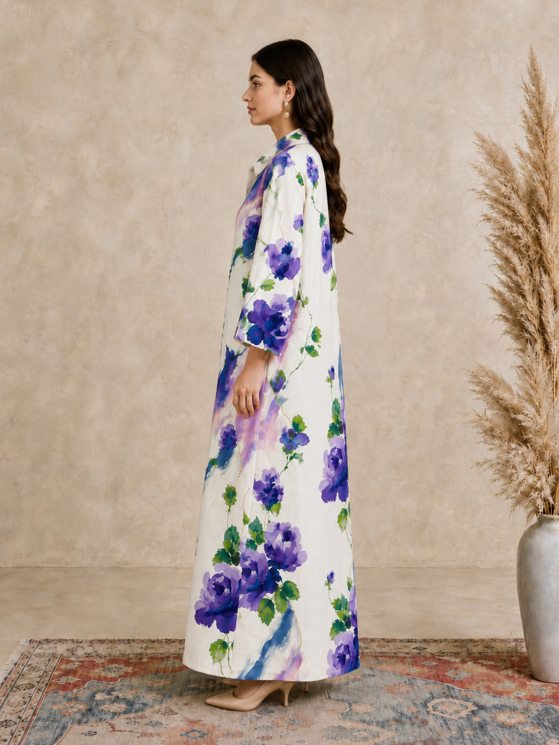 Cream Floral Print Open Collar Jalabiya