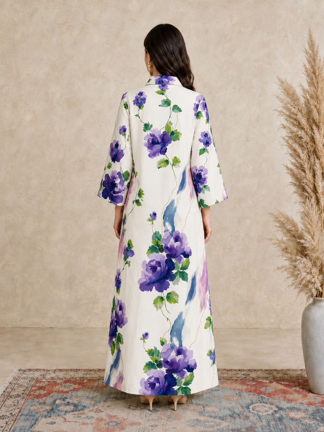 Cream Floral Print Open Collar Jalabiya