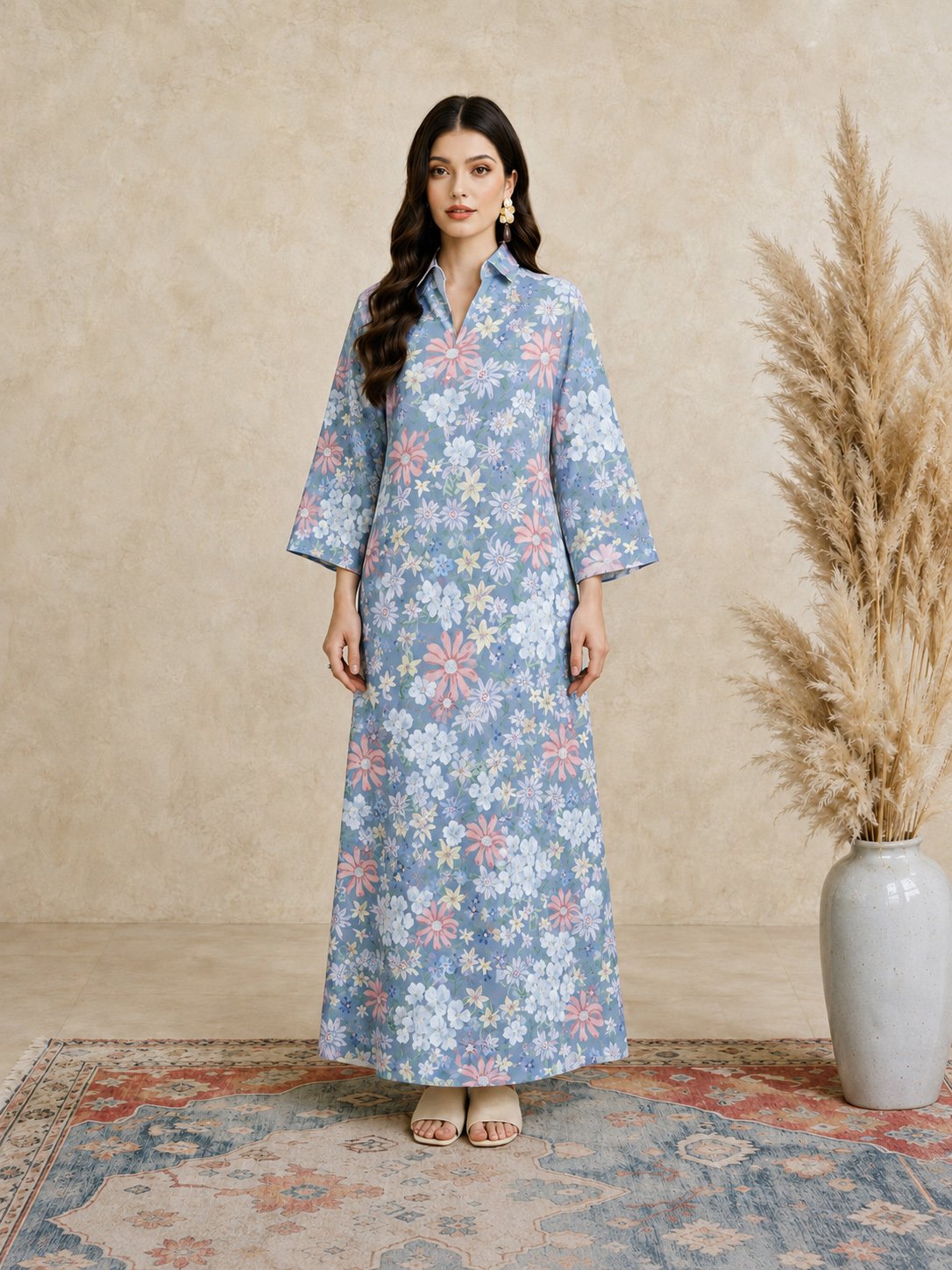 Blue Floral Print Open Collar Jalabiya