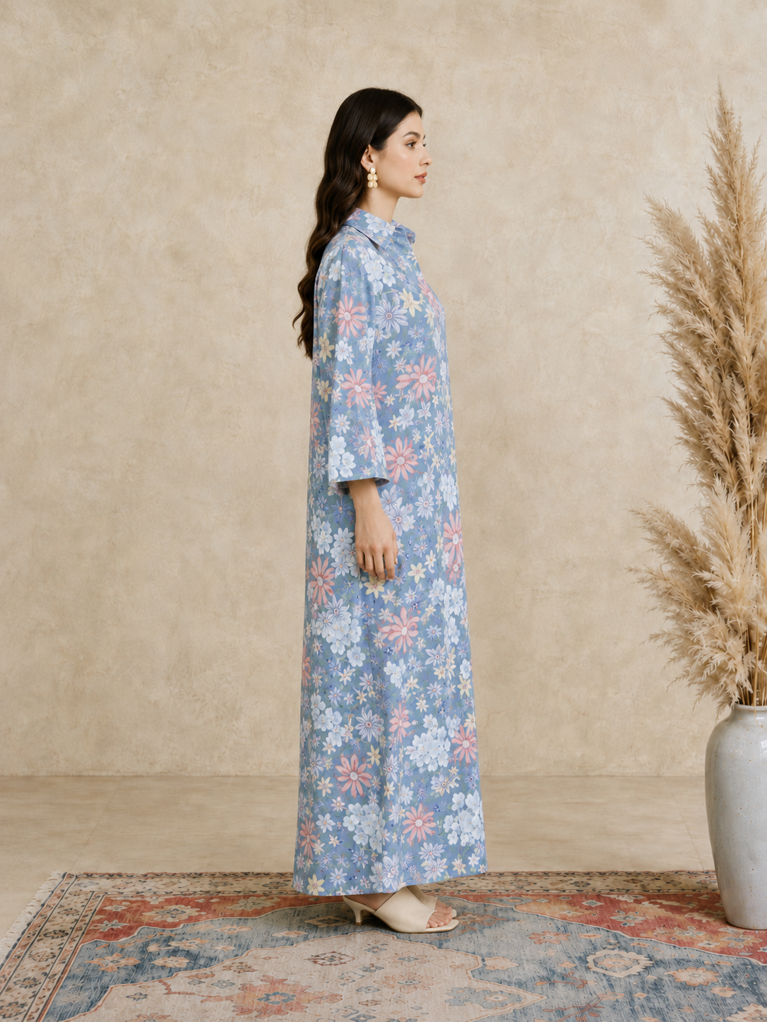 Blue Floral Print Open Collar Jalabiya