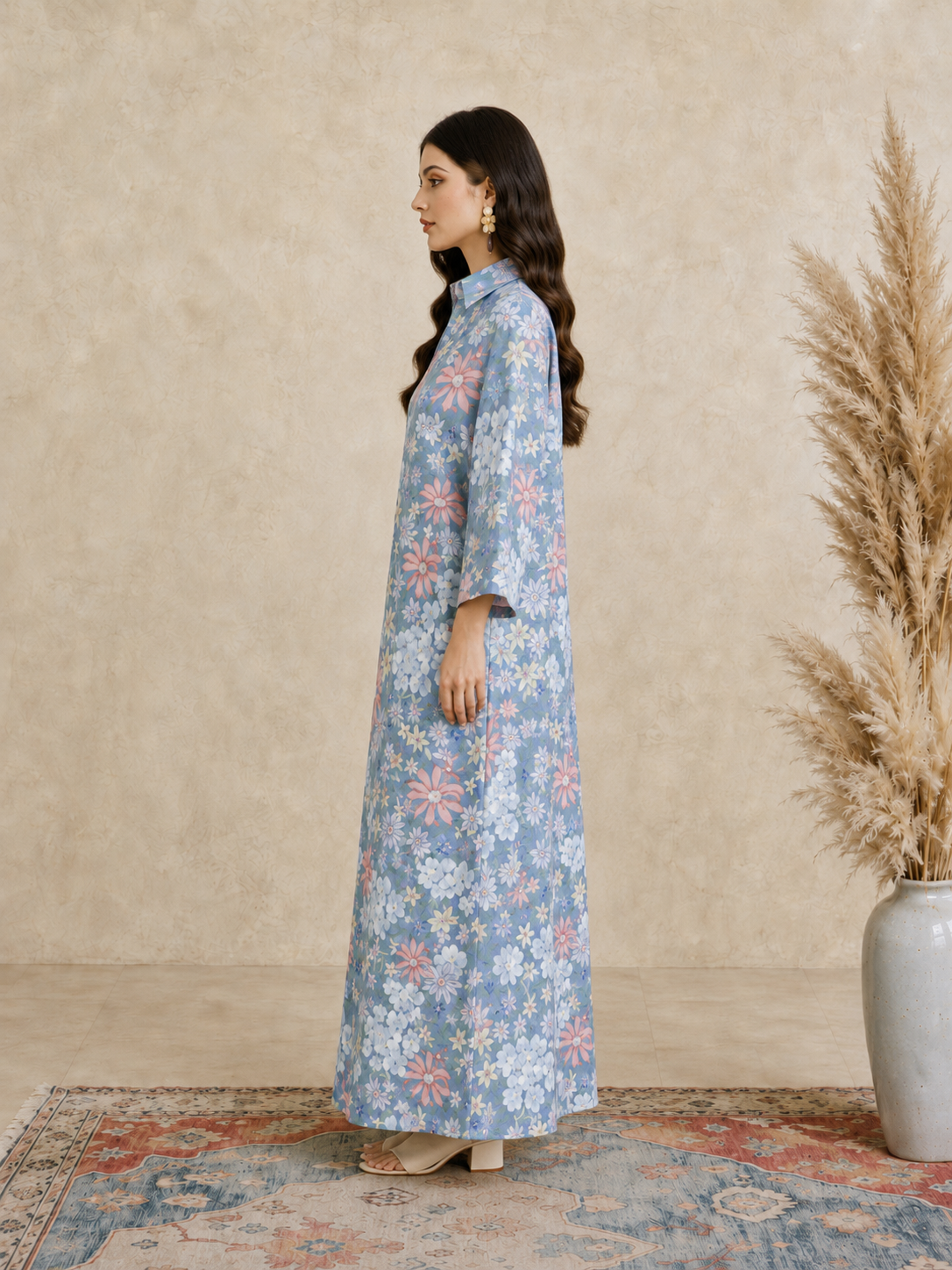 Blue Floral Print Open Collar Jalabiya