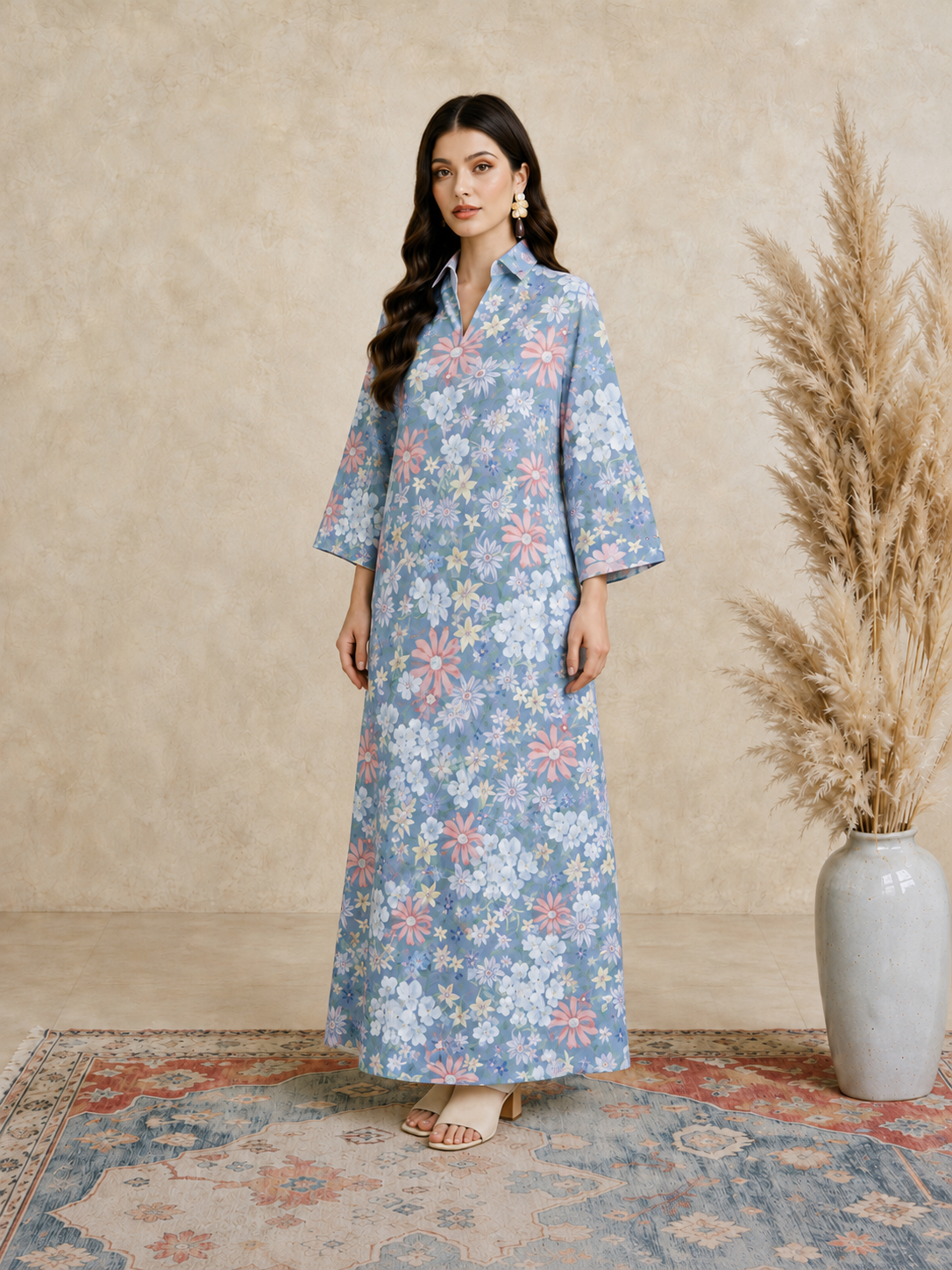 Blue Floral Print Open Collar Jalabiya