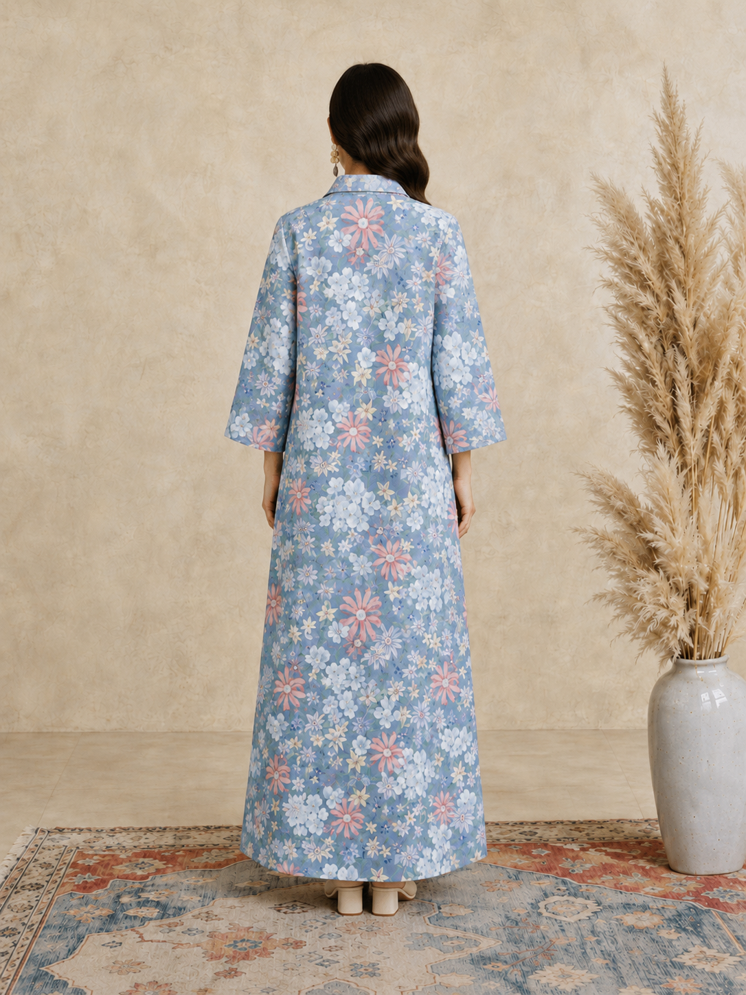 Blue Floral Print Open Collar Jalabiya