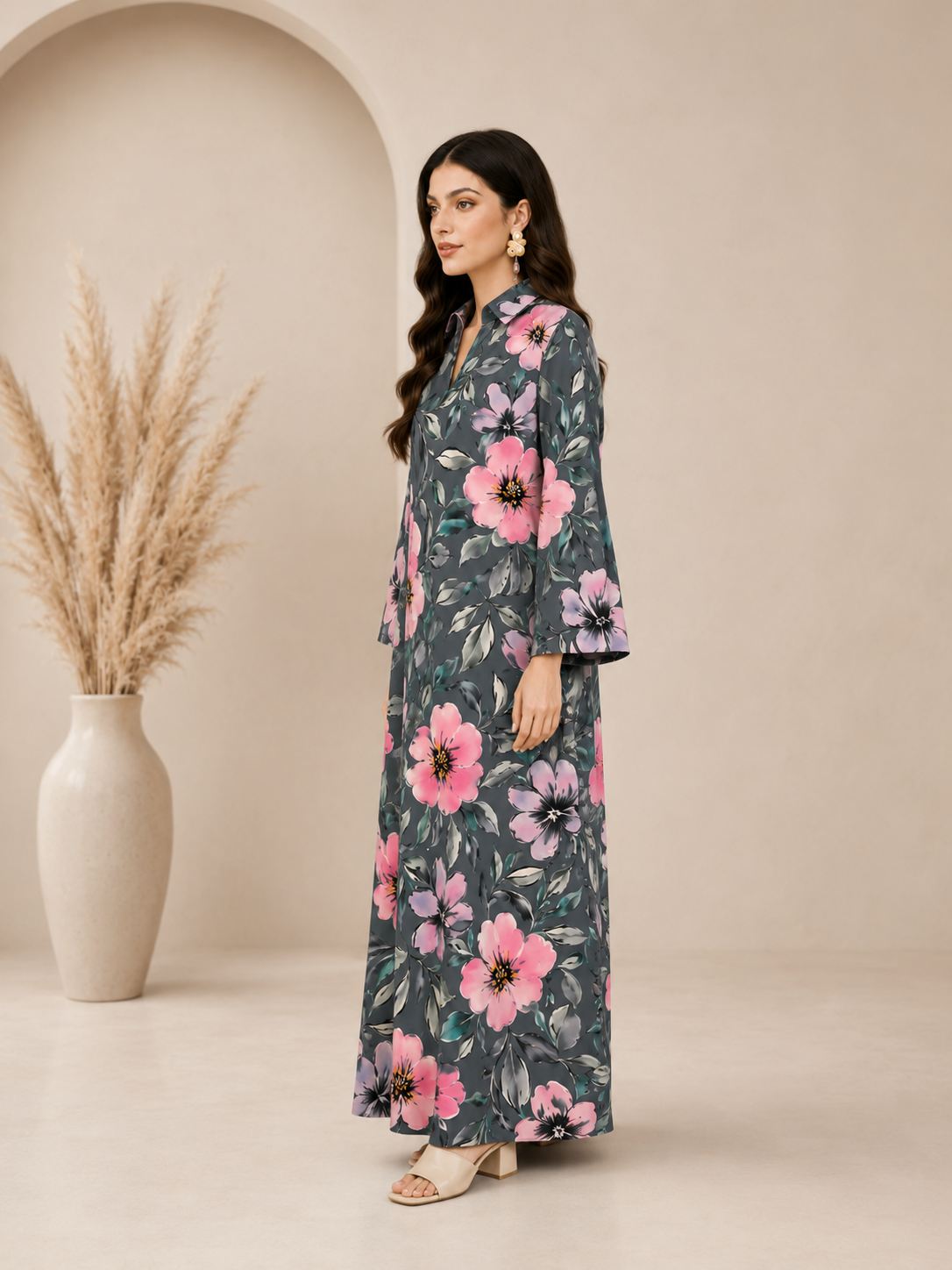 Charcoal Floral Print Open Collar Jalabiya