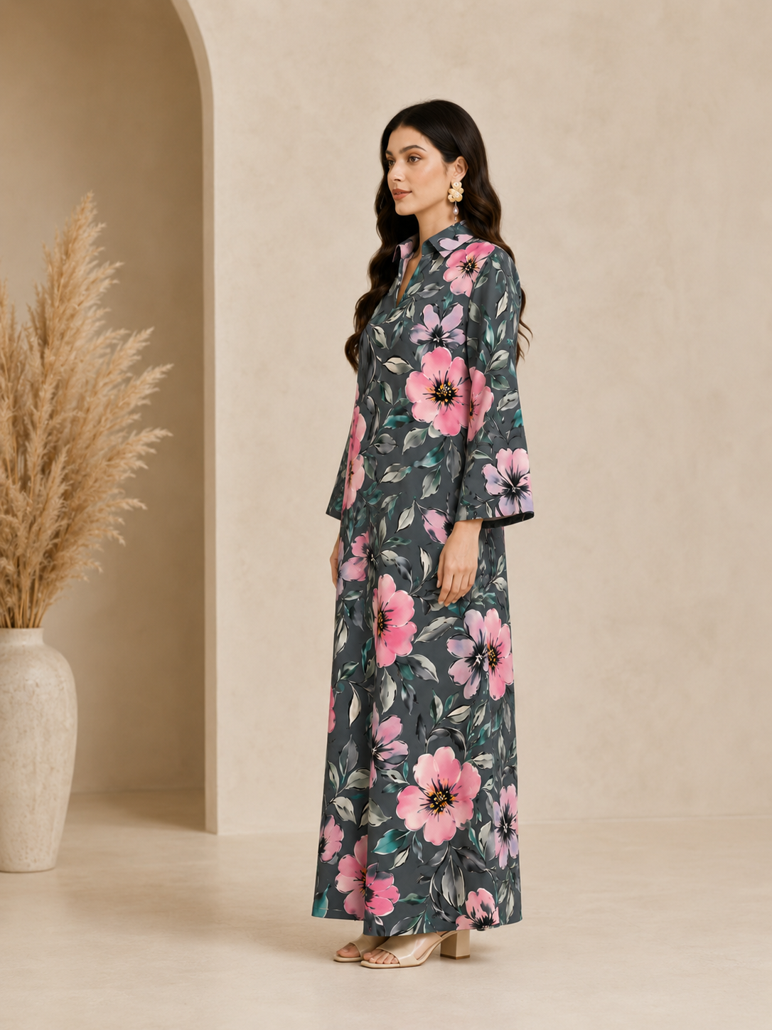 Charcoal Floral Print Open Collar Jalabiya