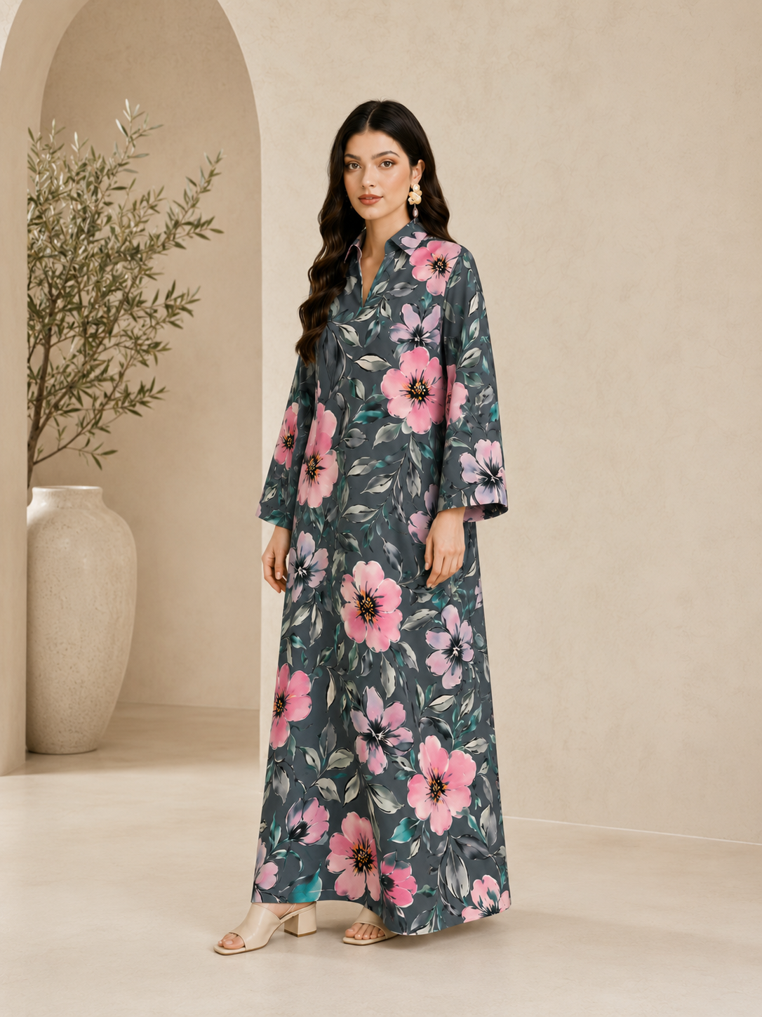 Charcoal Floral Print Open Collar Jalabiya