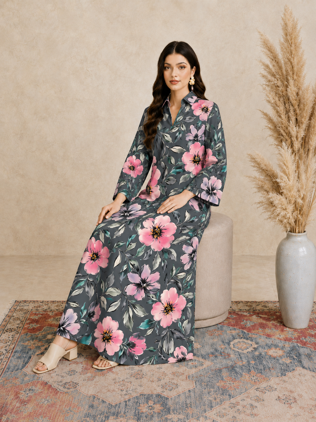 Charcoal Floral Print Open Collar Jalabiya