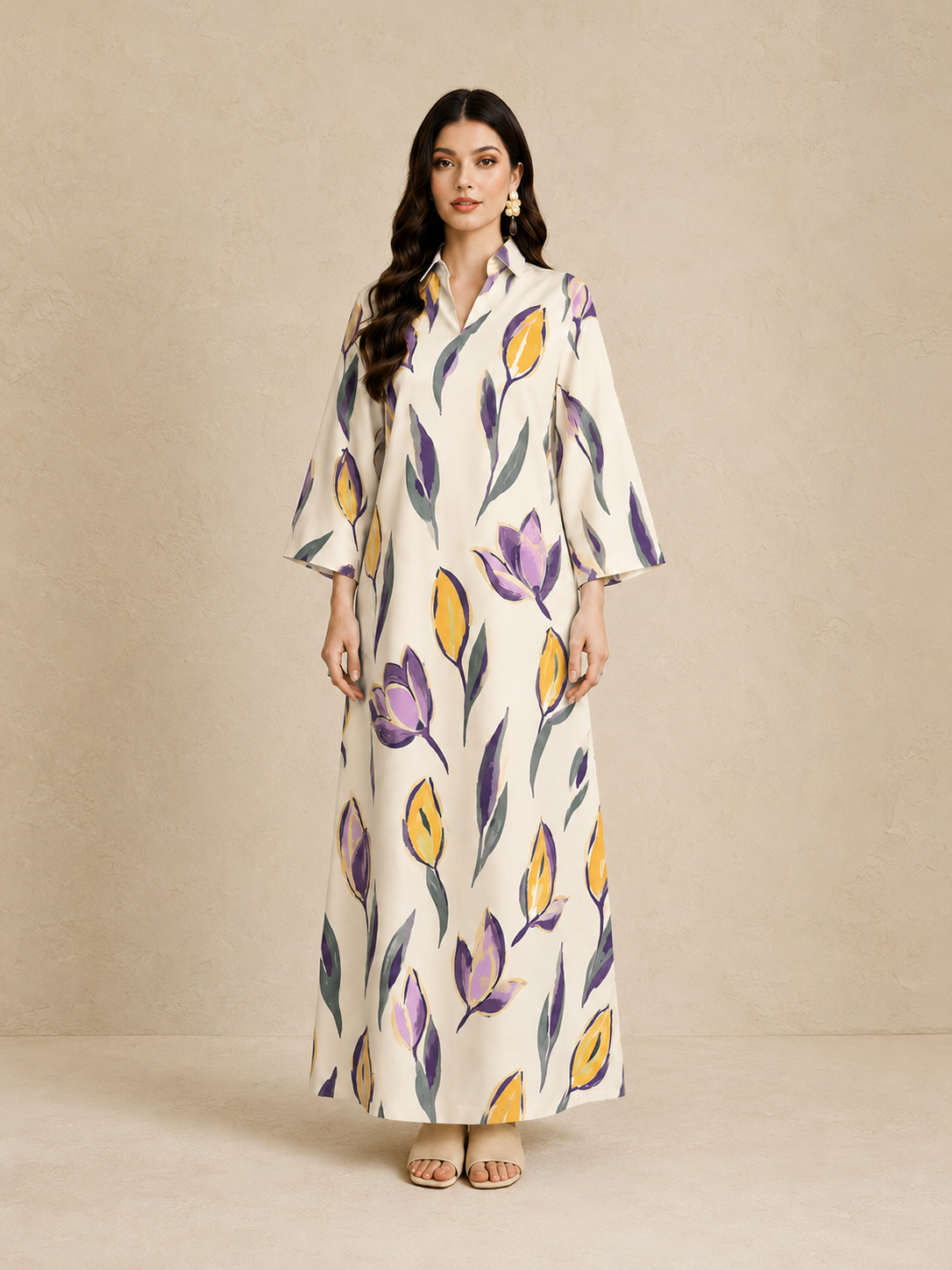 Beige Floral Print Open Collar Jalabiya