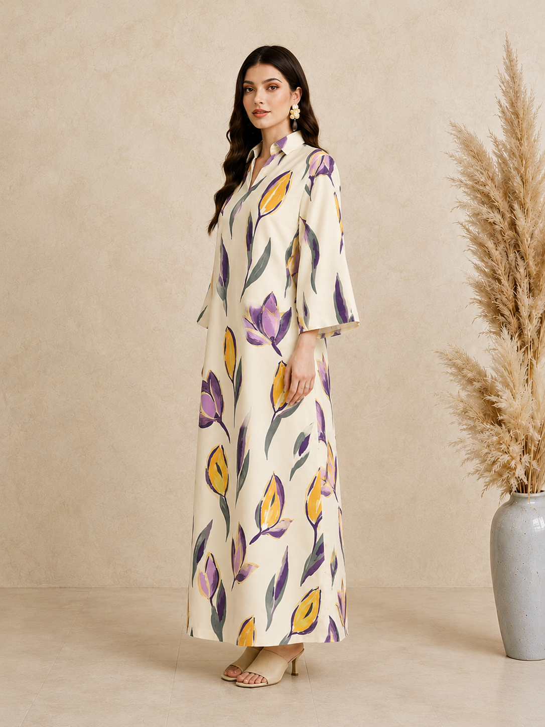 Beige Floral Print Open Collar Jalabiya