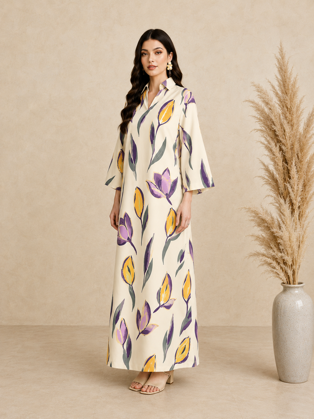 Beige Floral Print Open Collar Jalabiya
