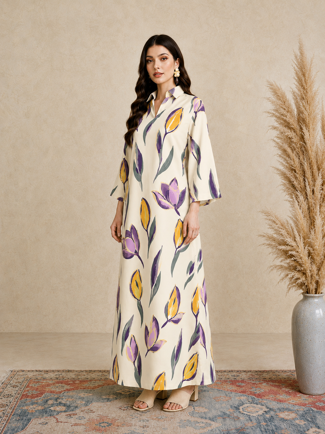Beige Floral Print Open Collar Jalabiya