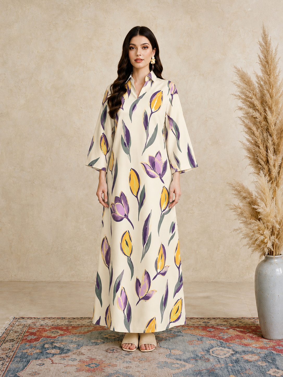Beige Floral Print Open Collar Jalabiya