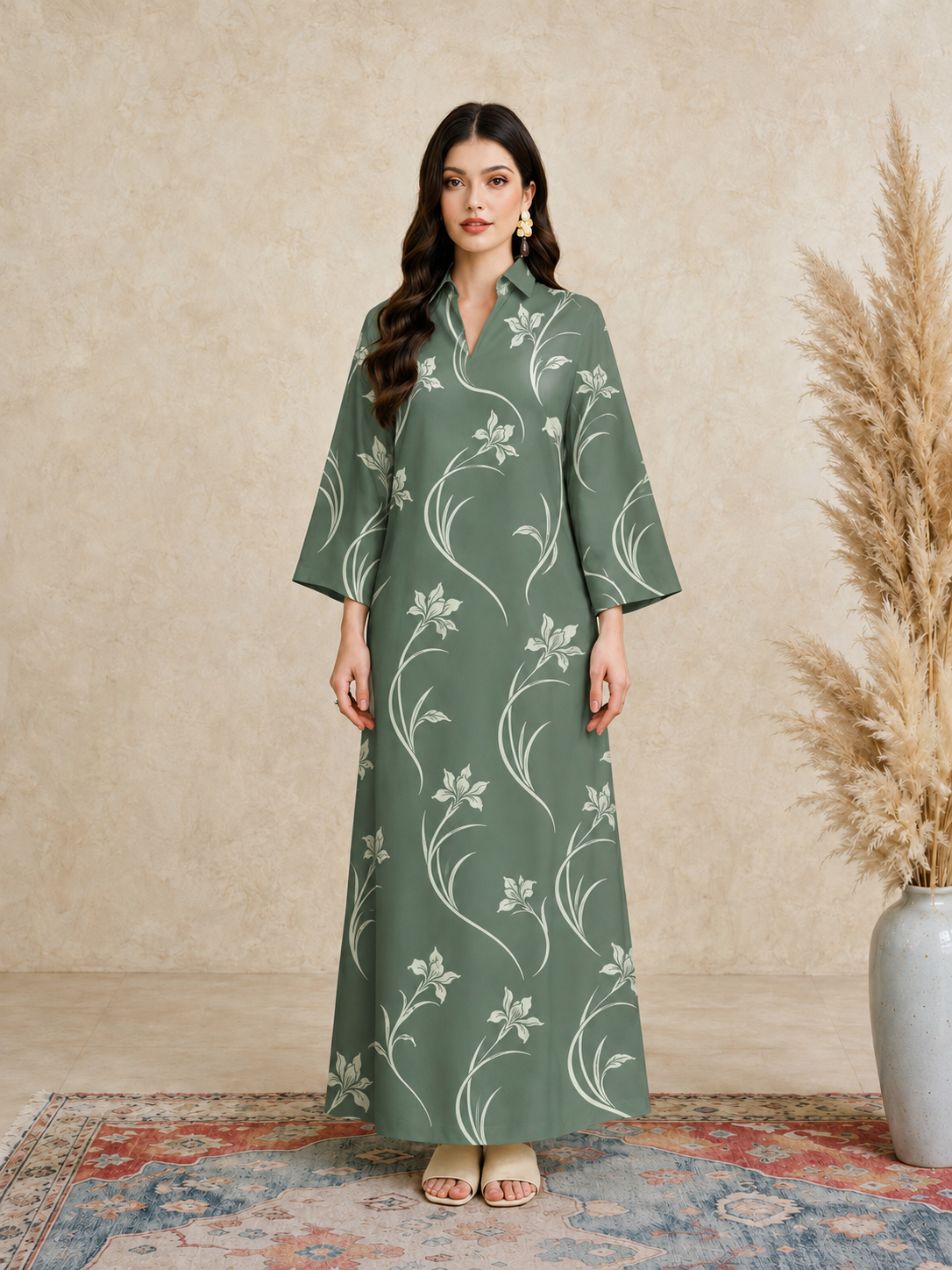 Green Floral Open Collar Jalabiya