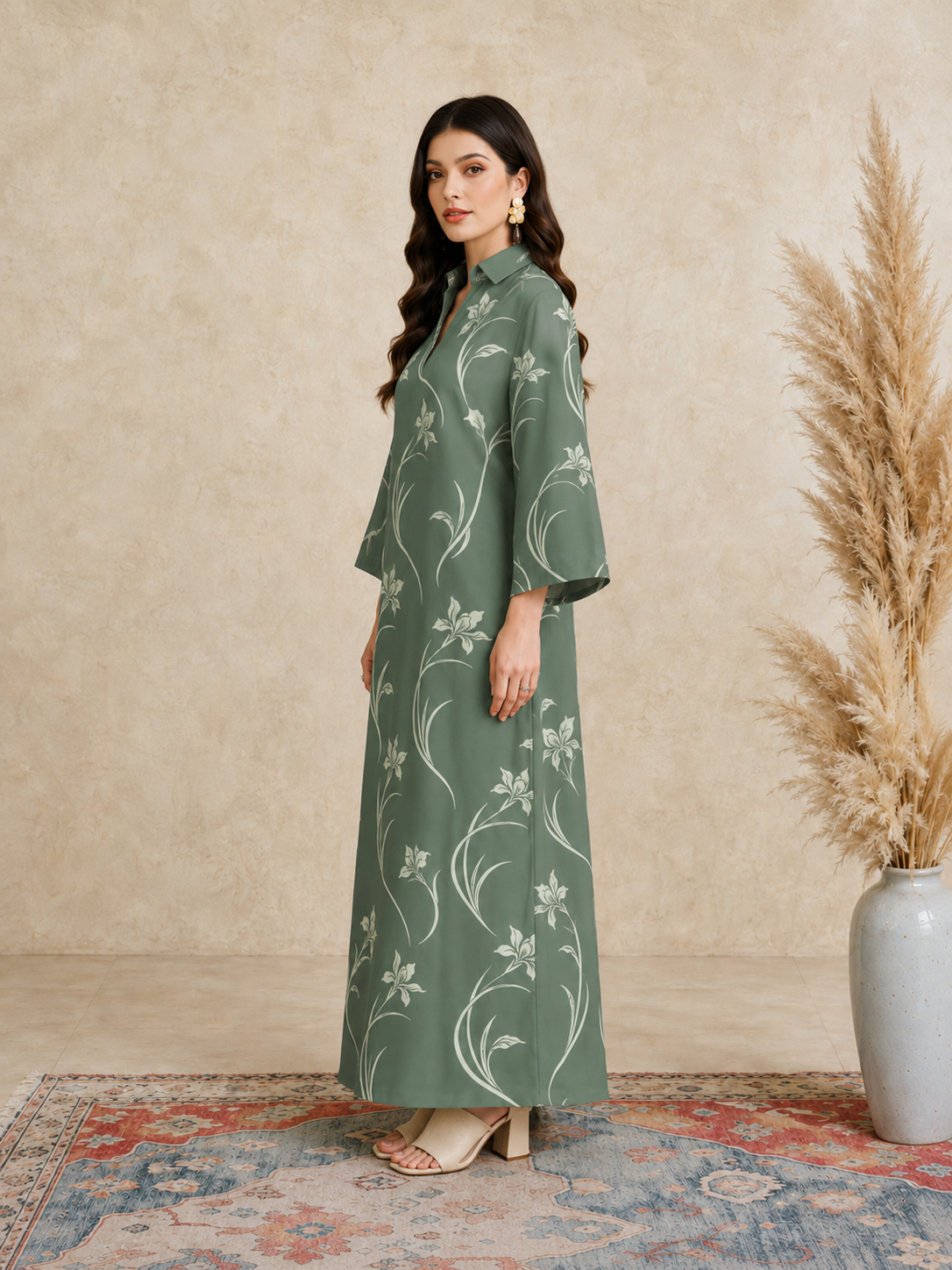 Green Floral Open Collar Jalabiya