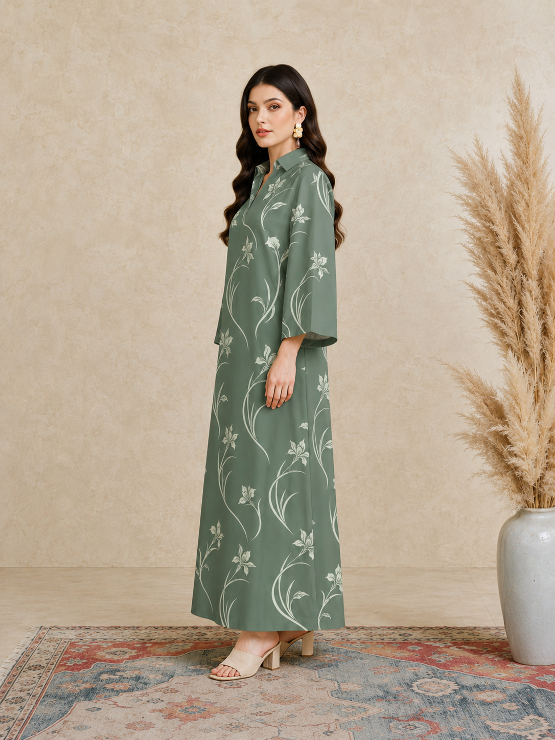 Green Floral Open Collar Jalabiya