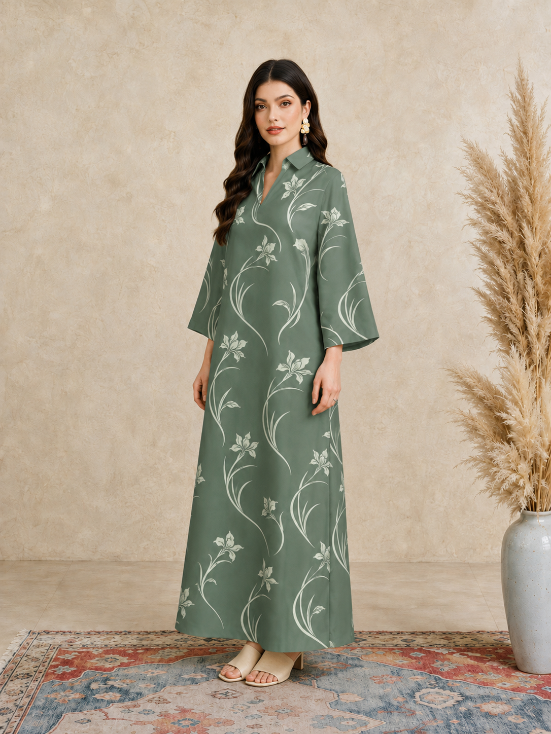 Green Floral Open Collar Jalabiya