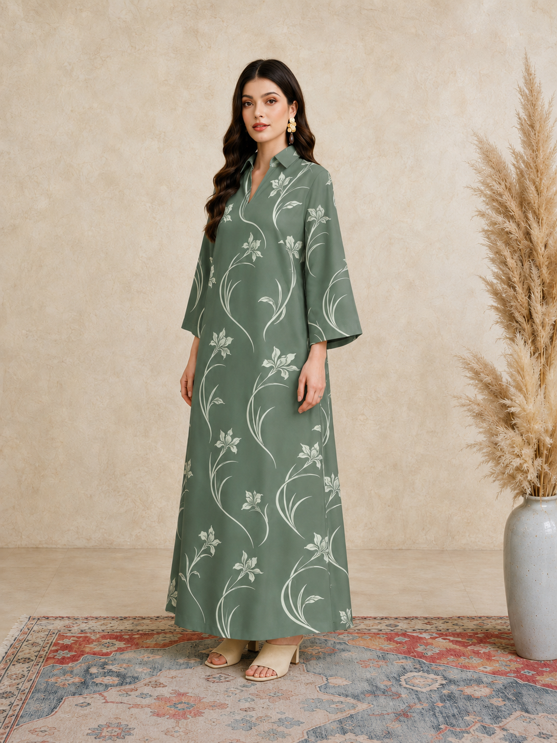 Green Floral Open Collar Jalabiya