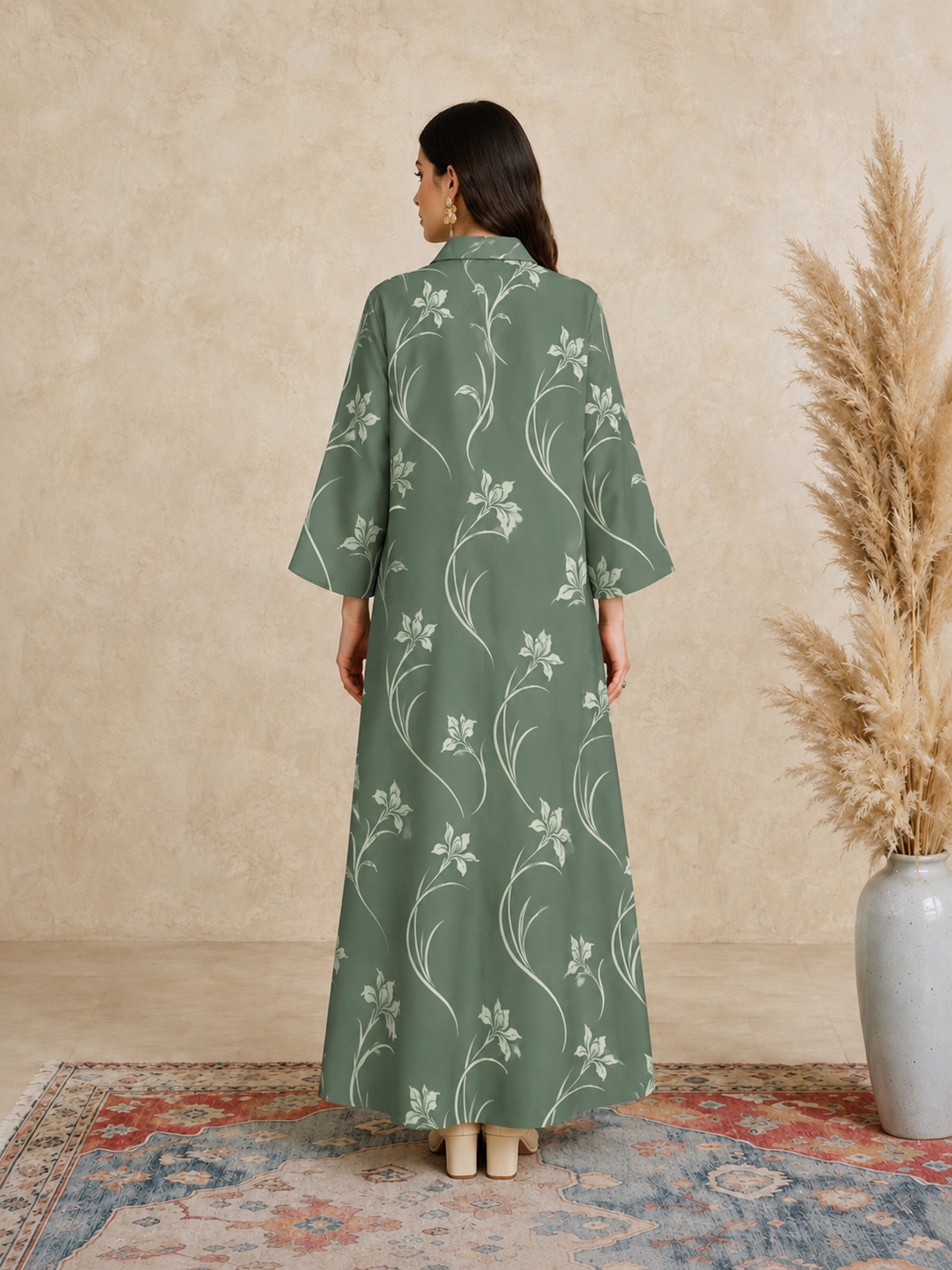 Green Floral Open Collar Jalabiya