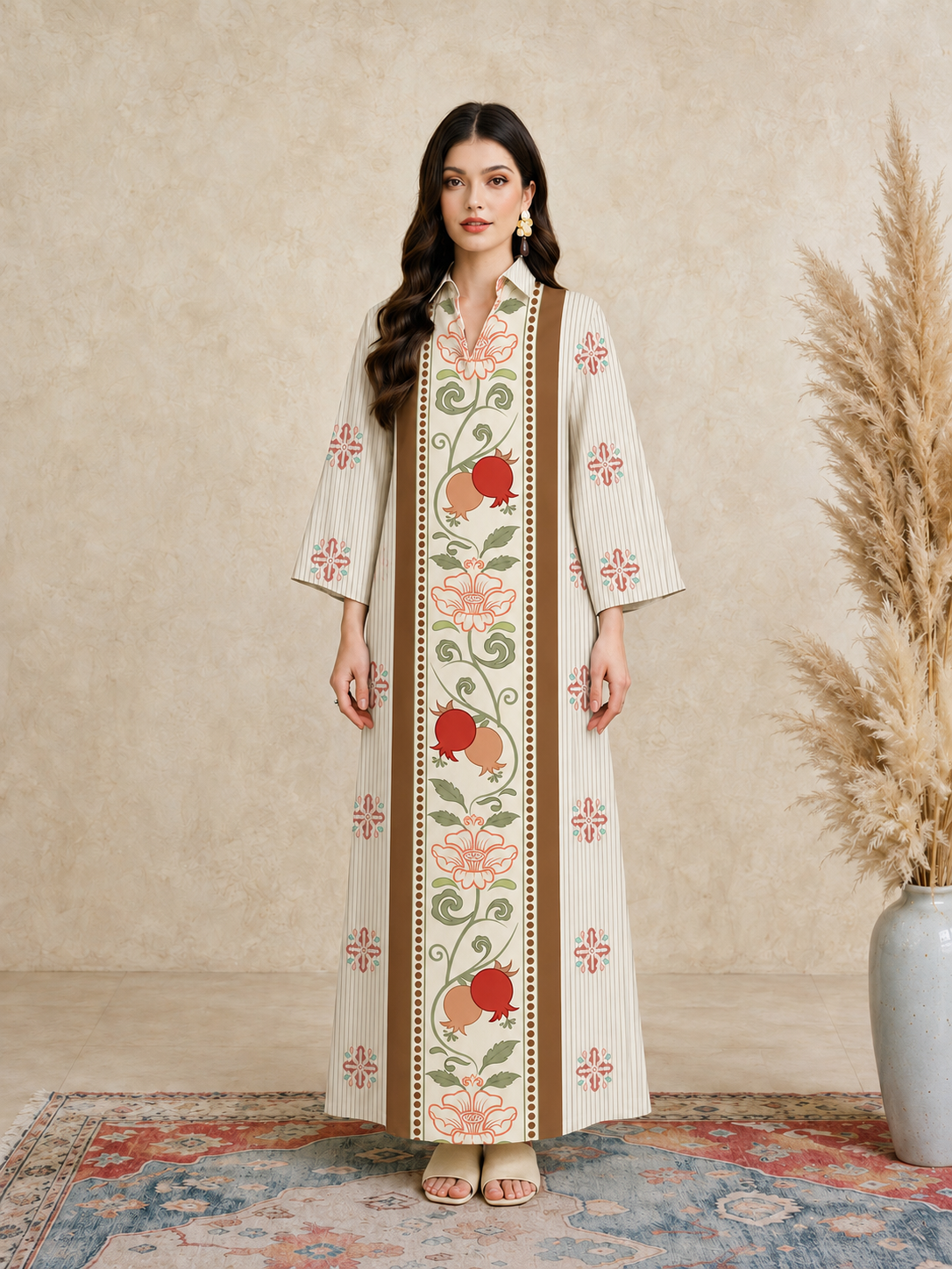 Beige Floral Print Open Collar Jalabiya