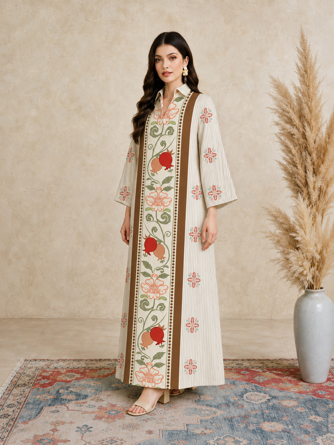 Beige Floral Print Open Collar Jalabiya
