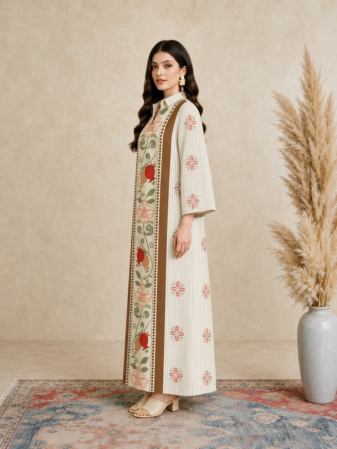 Beige Floral Print Open Collar Jalabiya