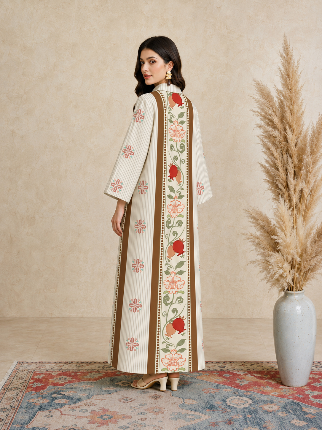 Beige Floral Print Open Collar Jalabiya
