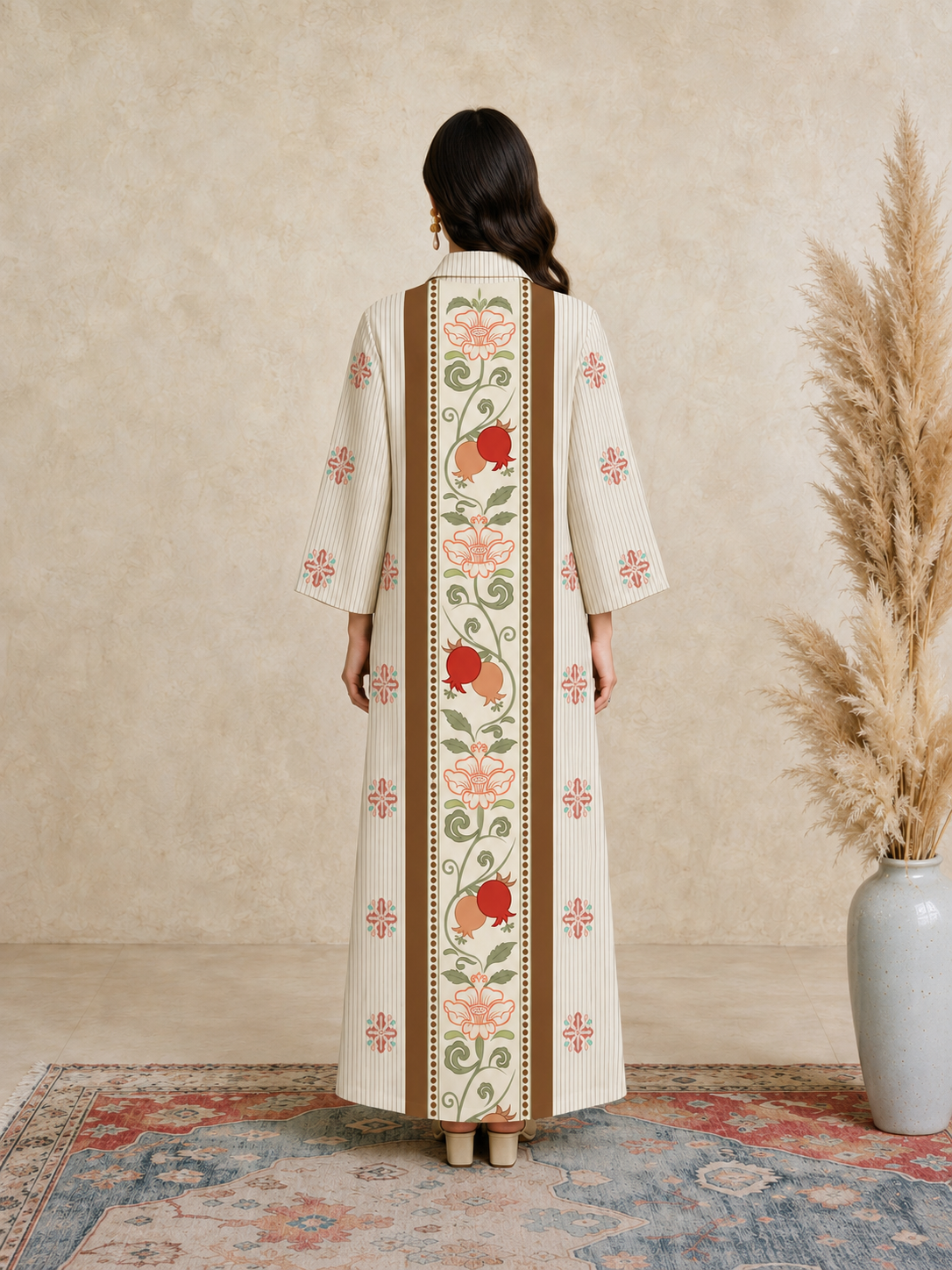 Beige Floral Print Open Collar Jalabiya