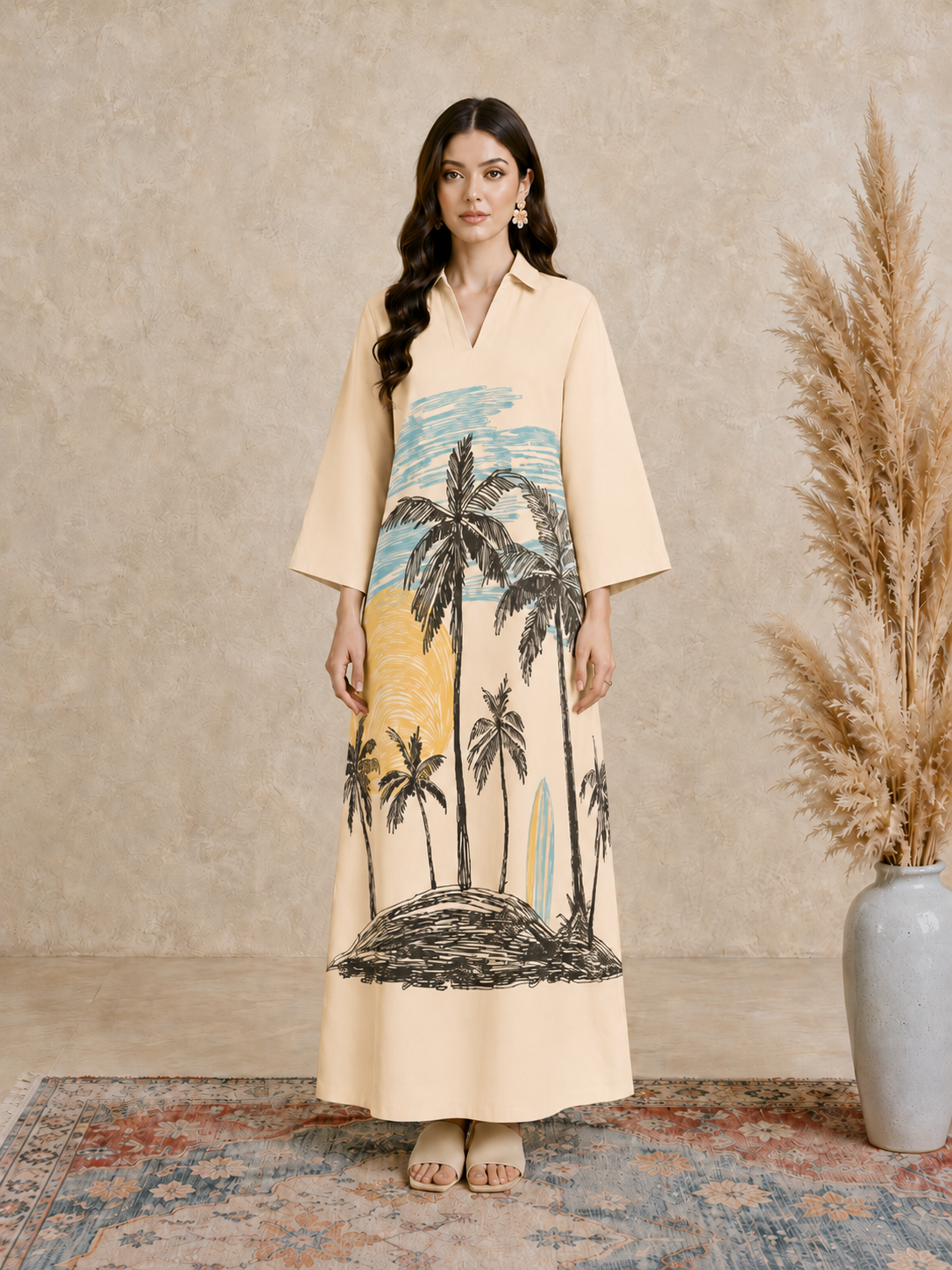 Beige Tropical Palm Print Open Collar Jalabiya