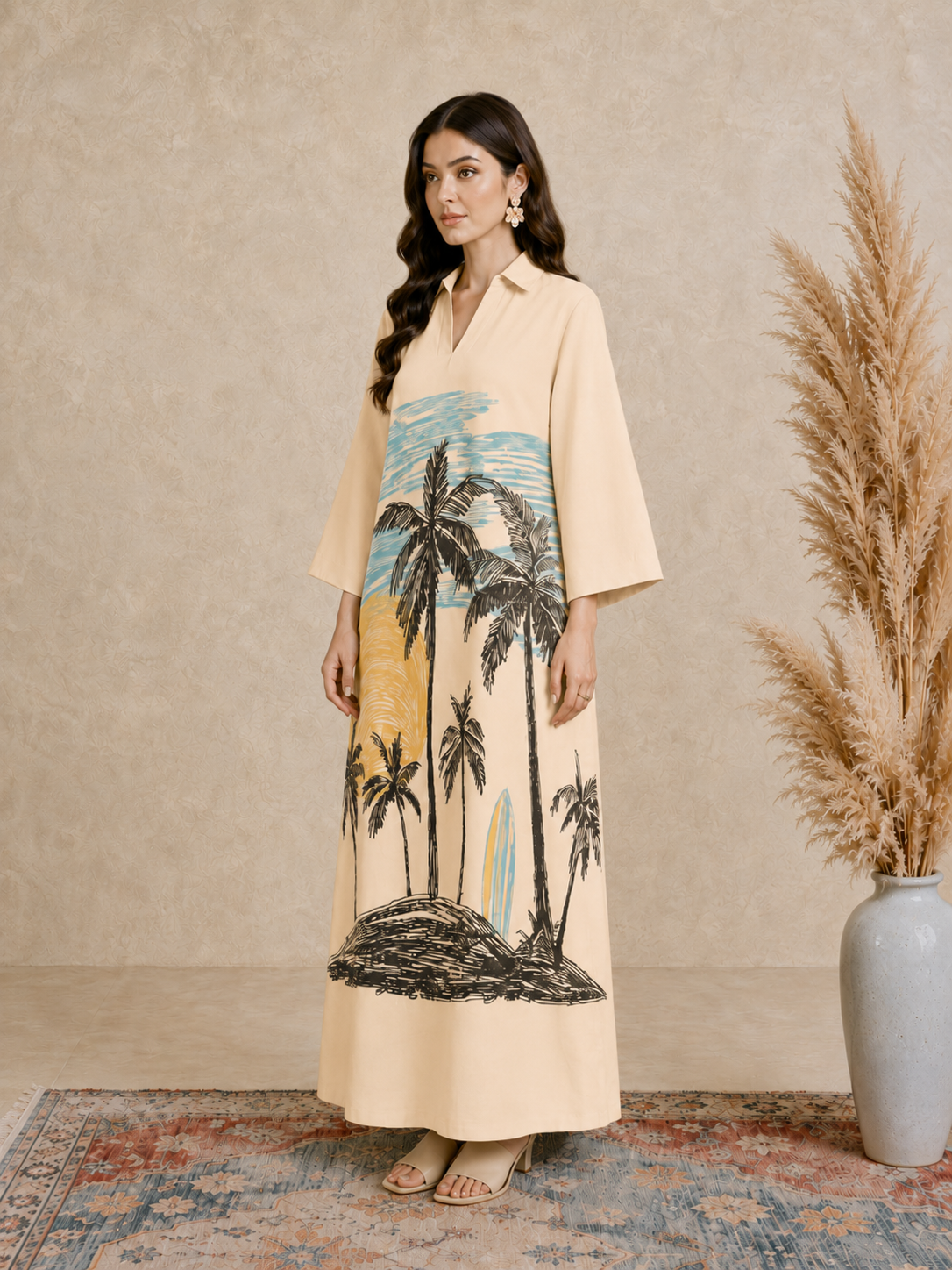 Beige Tropical Palm Print Open Collar Jalabiya