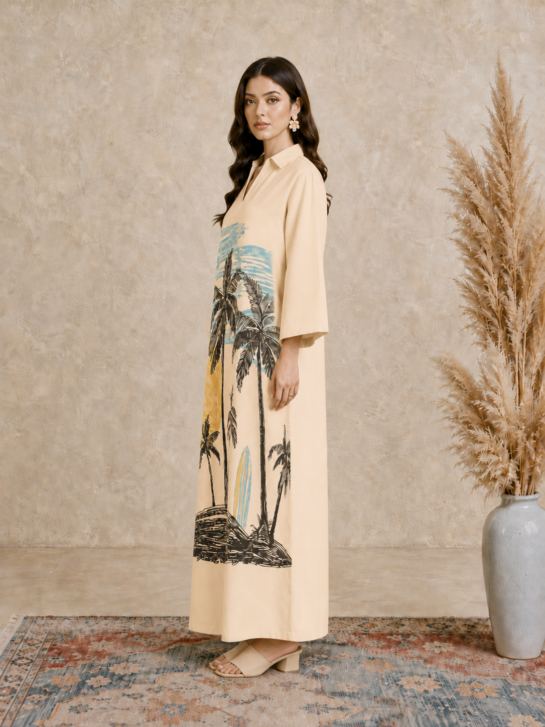 Beige Tropical Palm Print Open Collar Jalabiya
