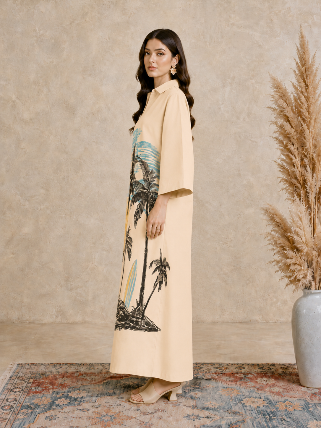 Beige Tropical Palm Print Open Collar Jalabiya