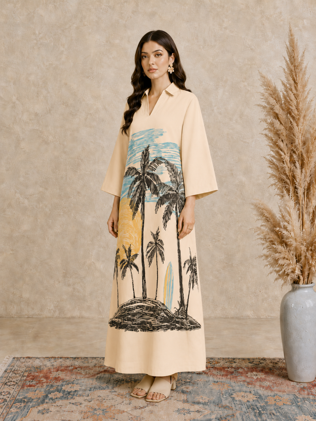 Beige Tropical Palm Print Open Collar Jalabiya