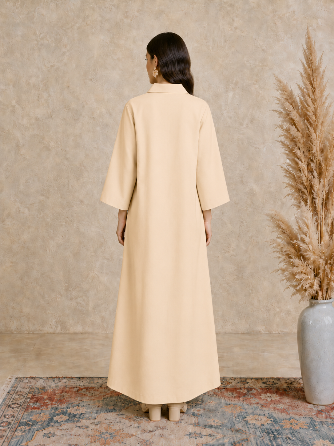 Beige Tropical Palm Print Open Collar Jalabiya