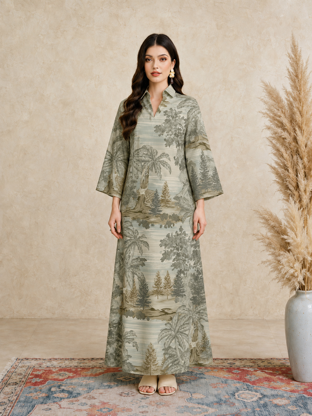 Green Scenic Print Open Collar Jalabiya