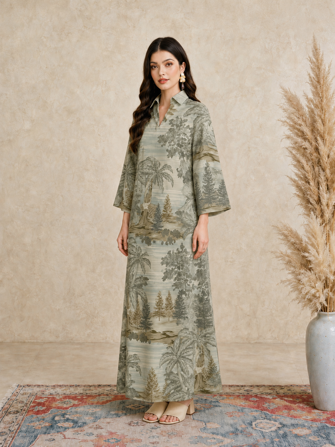 Green Scenic Print Open Collar Jalabiya