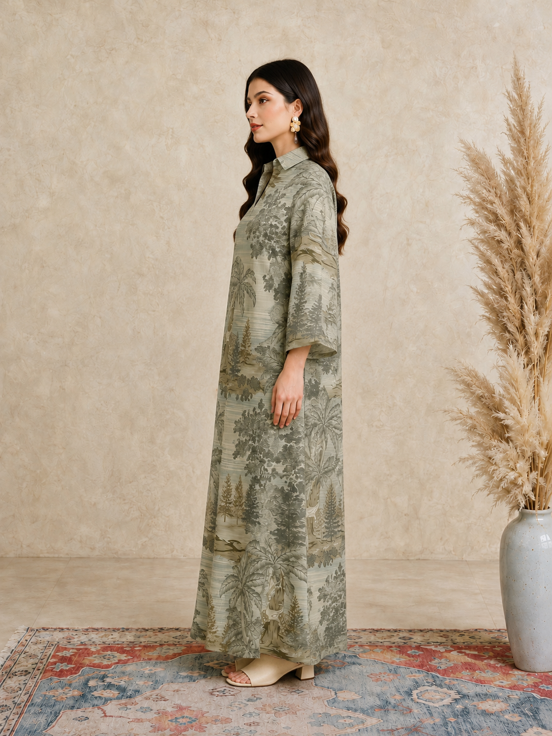 Green Scenic Print Open Collar Jalabiya