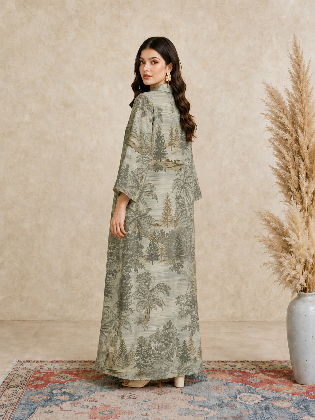 Green Scenic Print Open Collar Jalabiya