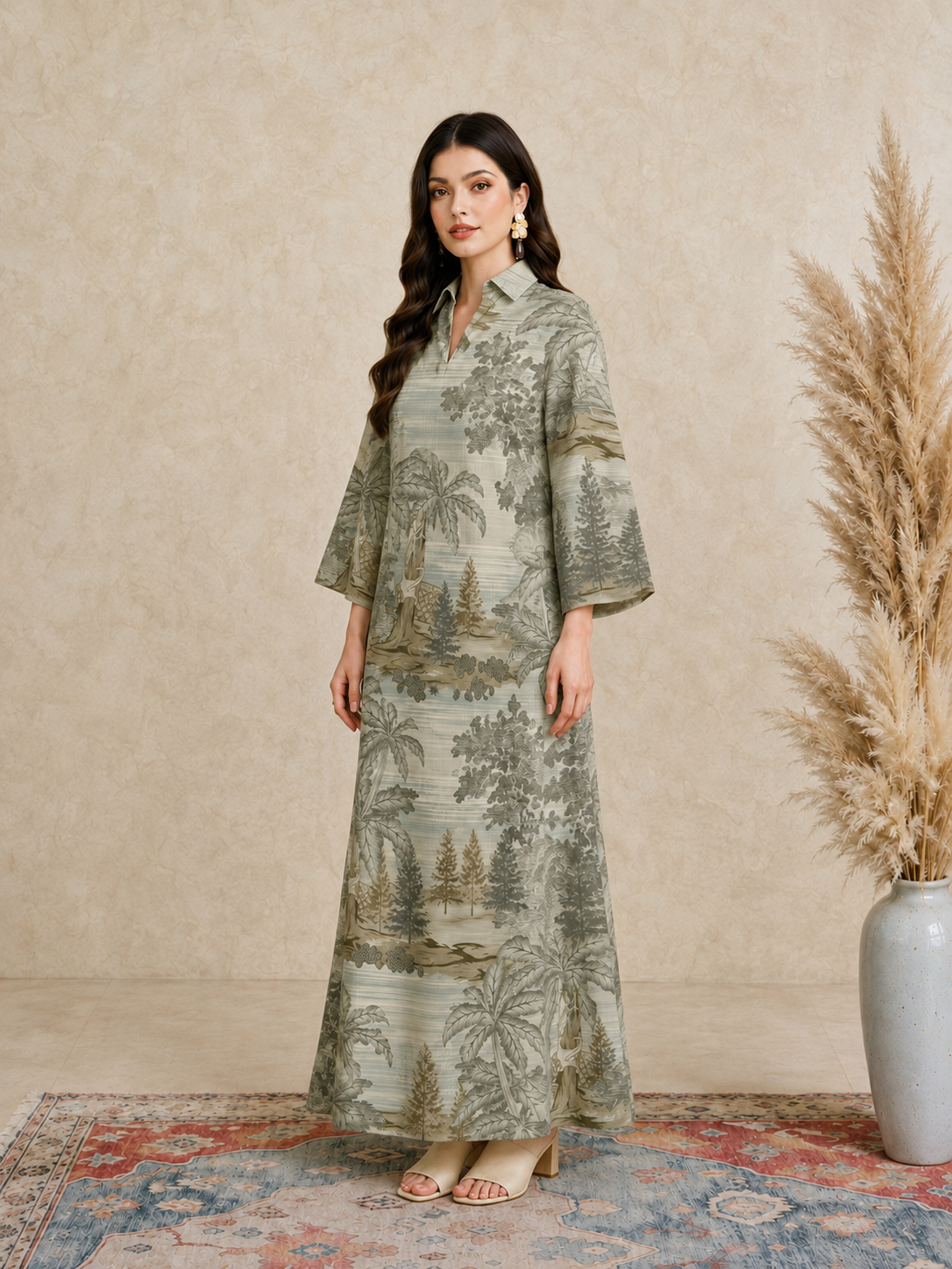Green Scenic Print Open Collar Jalabiya
