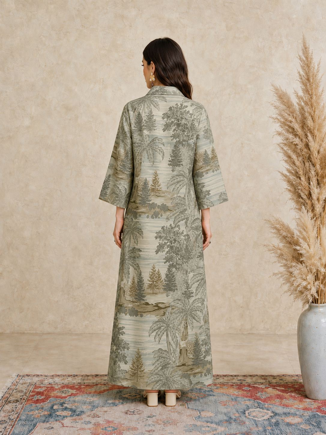 Green Scenic Print Open Collar Jalabiya