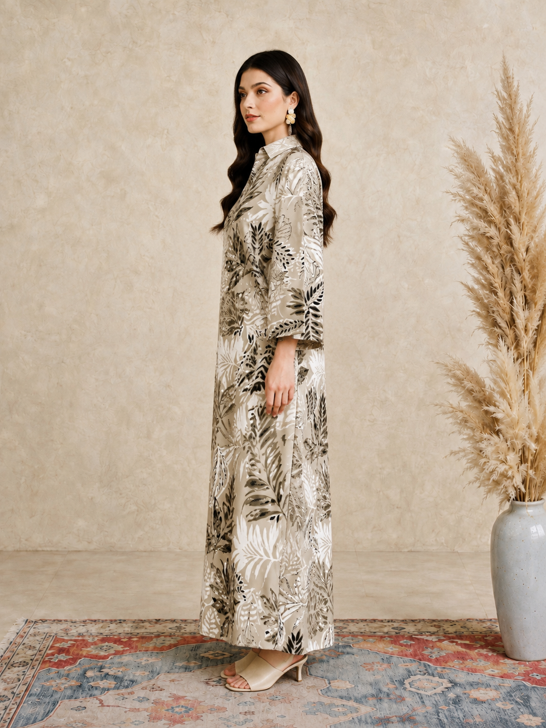 Beige All Over Print Open Collar Jalabiya
