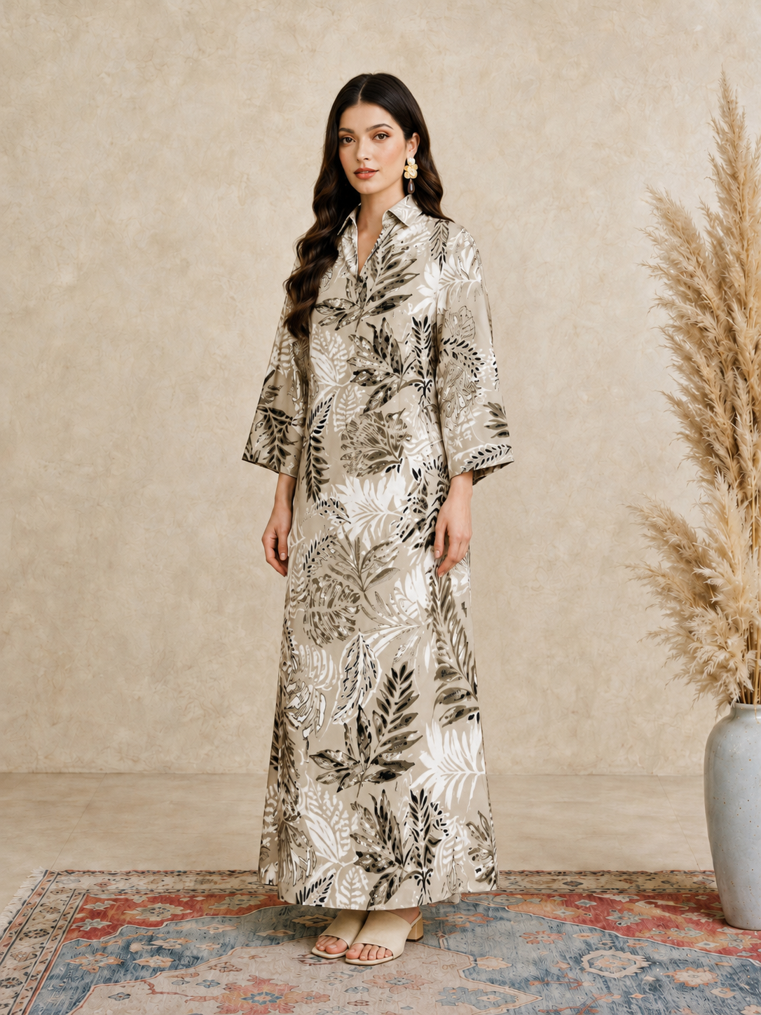 Beige All Over Print Open Collar Jalabiya