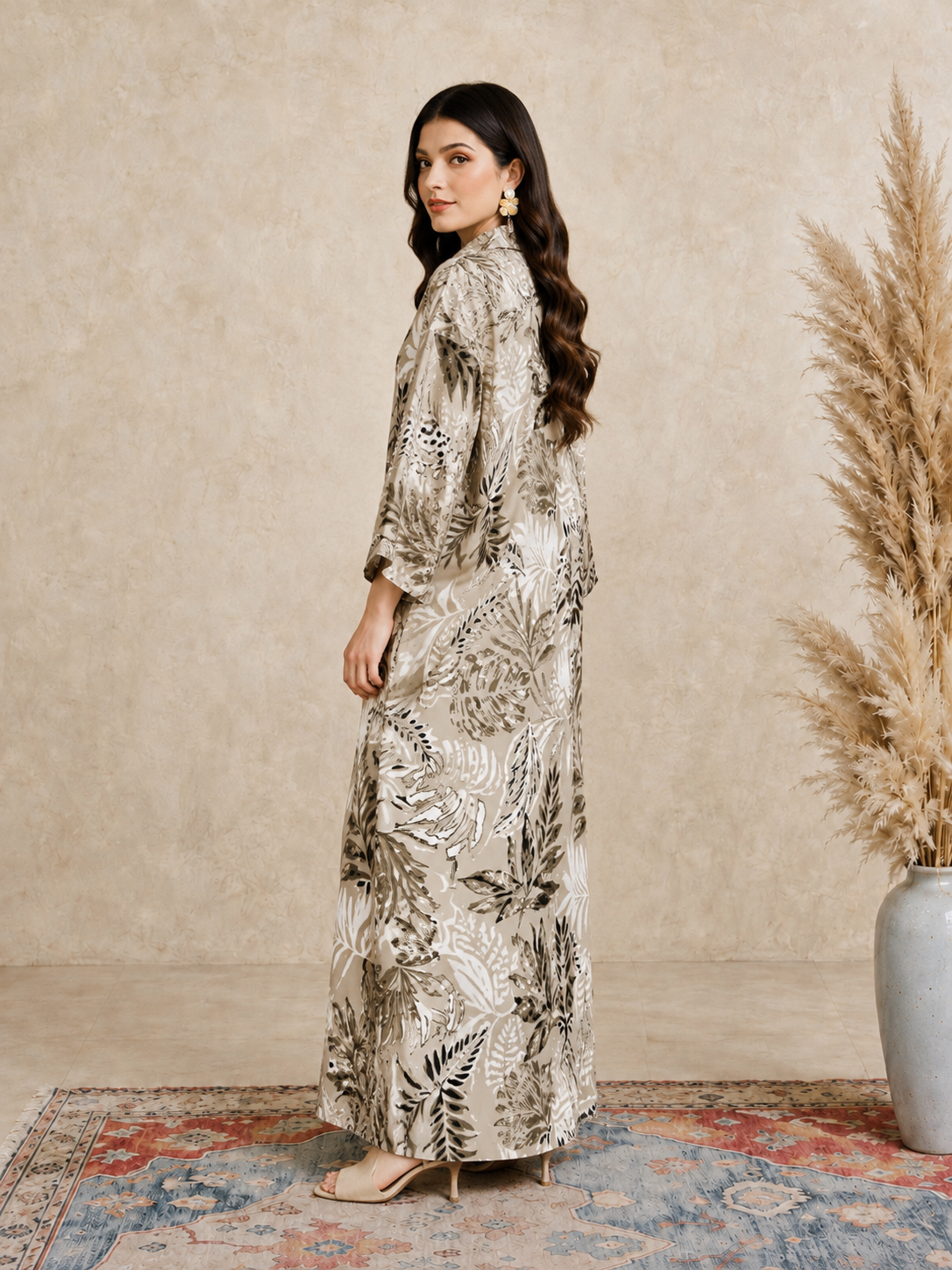 Beige All Over Print Open Collar Jalabiya