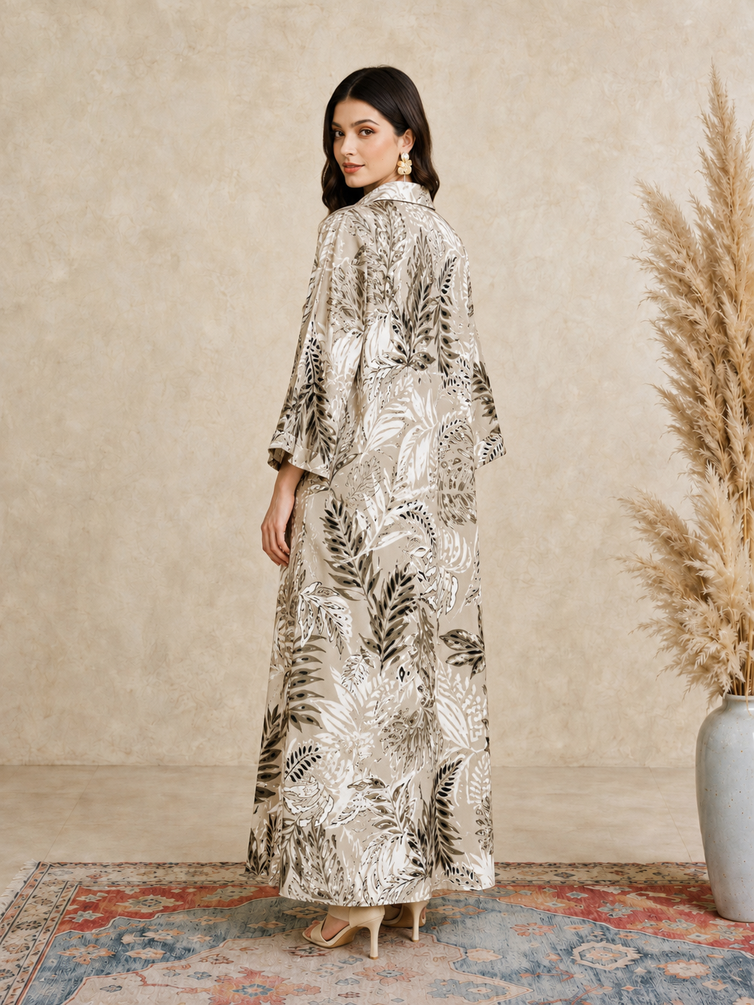 Beige All Over Print Open Collar Jalabiya