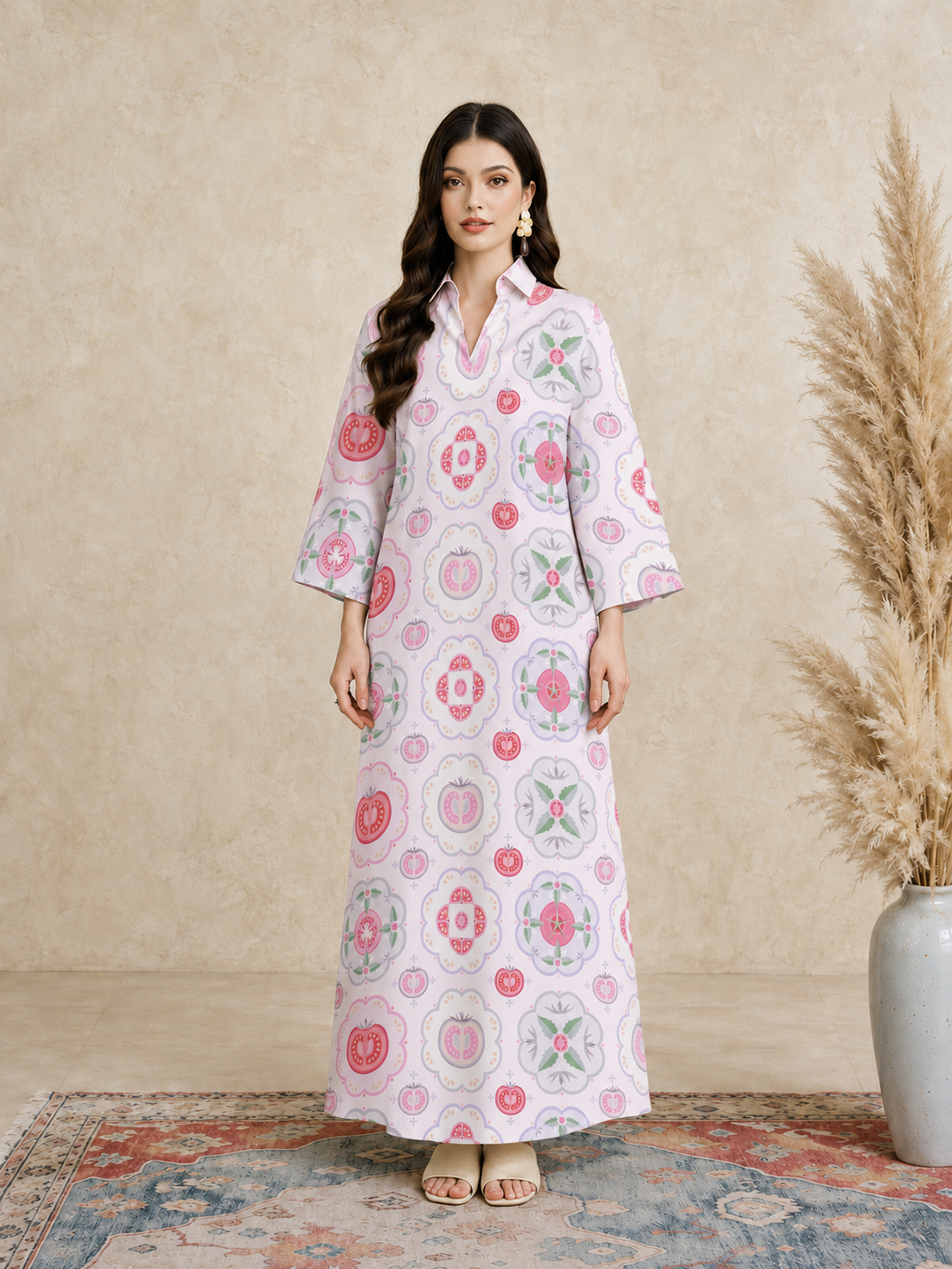 Pink Tile Print Open Collar Jalabiya