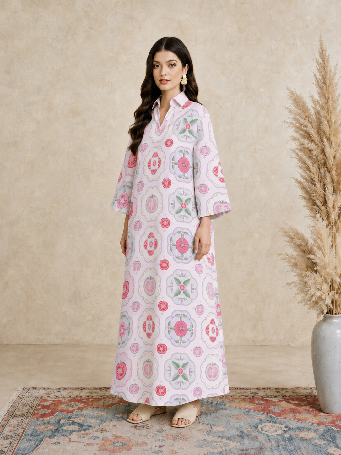 Pink Tile Print Open Collar Jalabiya