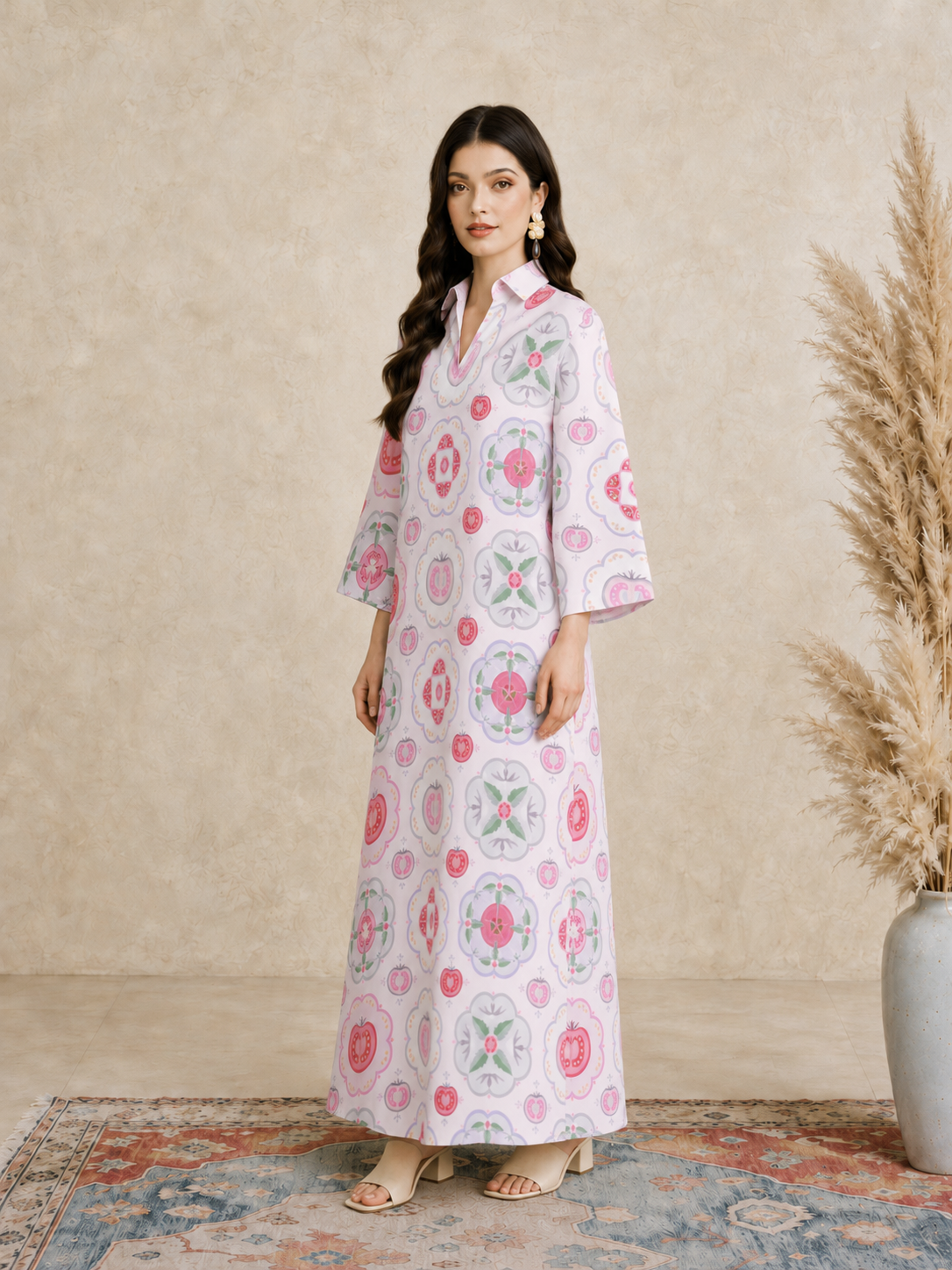 Pink Tile Print Open Collar Jalabiya