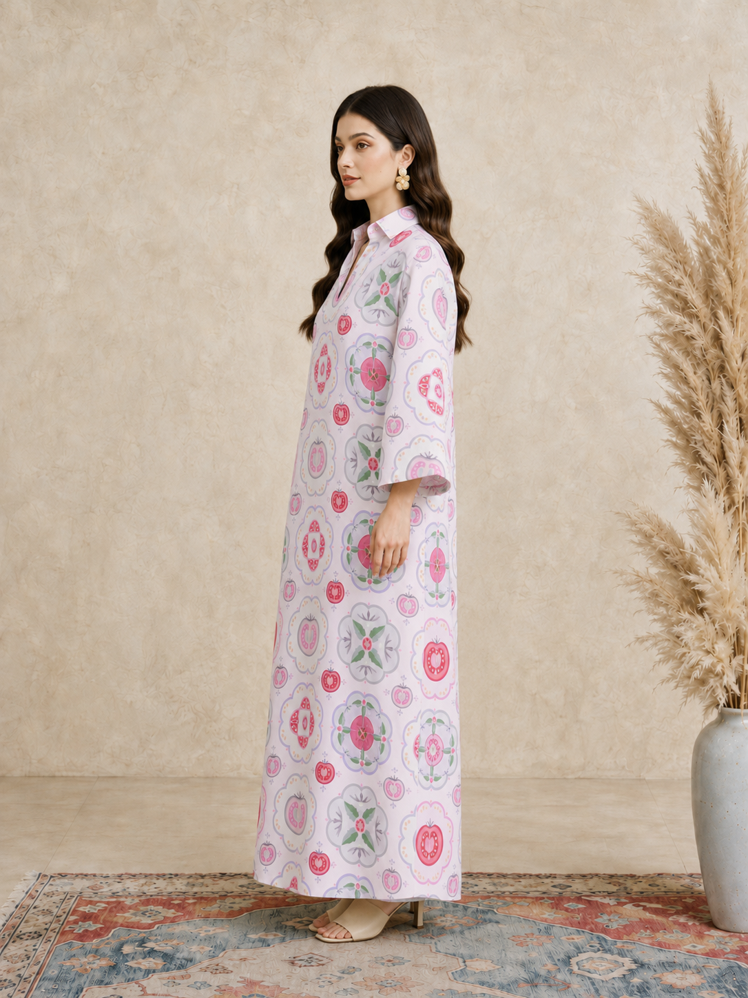 Pink Tile Print Open Collar Jalabiya