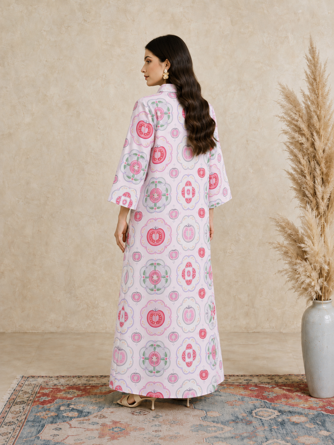 Pink Tile Print Open Collar Jalabiya