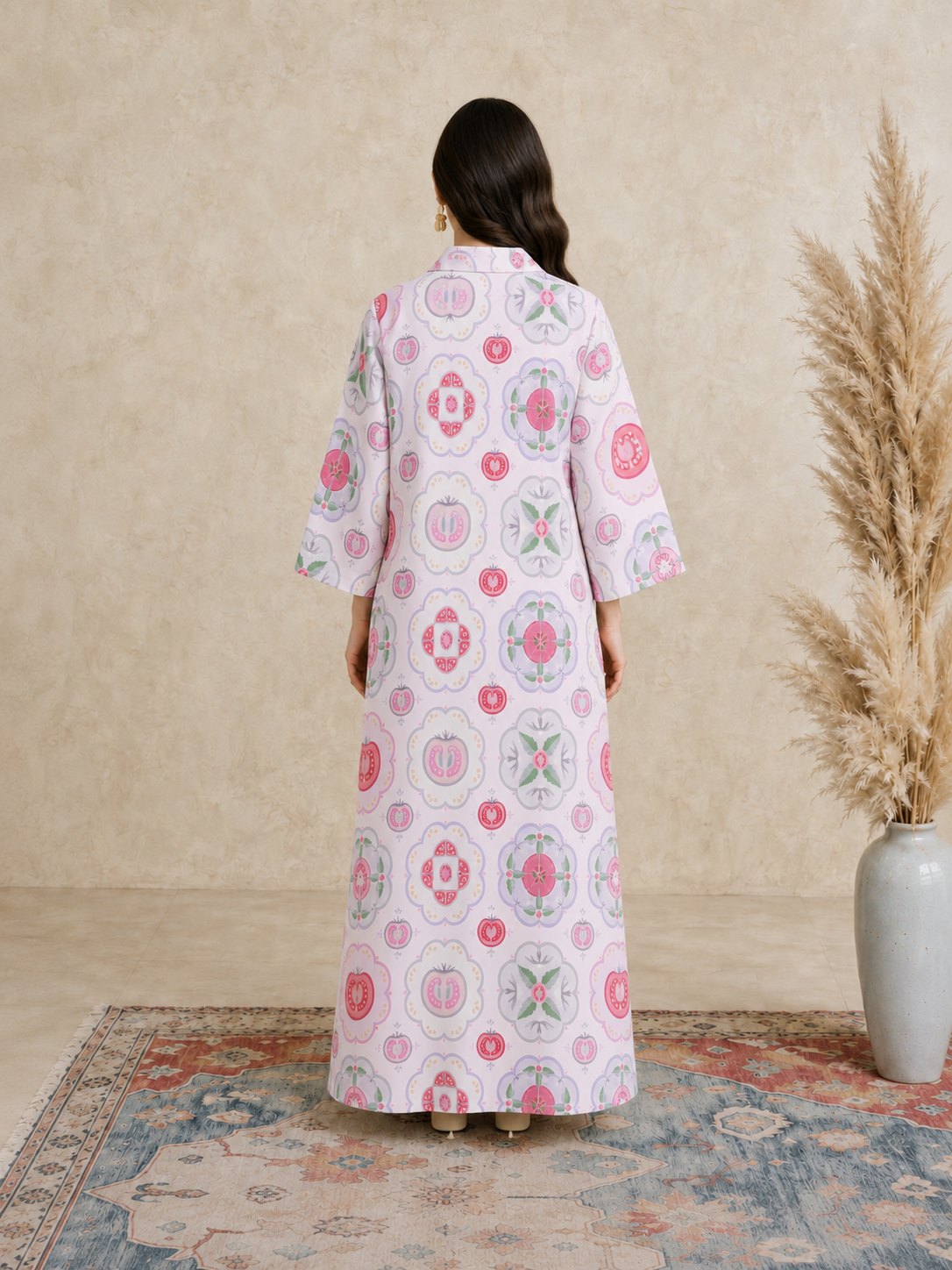 Pink Tile Print Open Collar Jalabiya